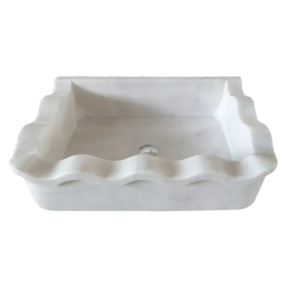 Villohome Carrara White Marble wall-mount bathroom sink, rectangular with wavy front edge, 24 in L x 16 in W x 6 in H.