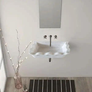 Carrara white marble wall-mount bathroom sink with a wavy-edged rectangular basin by Villohome