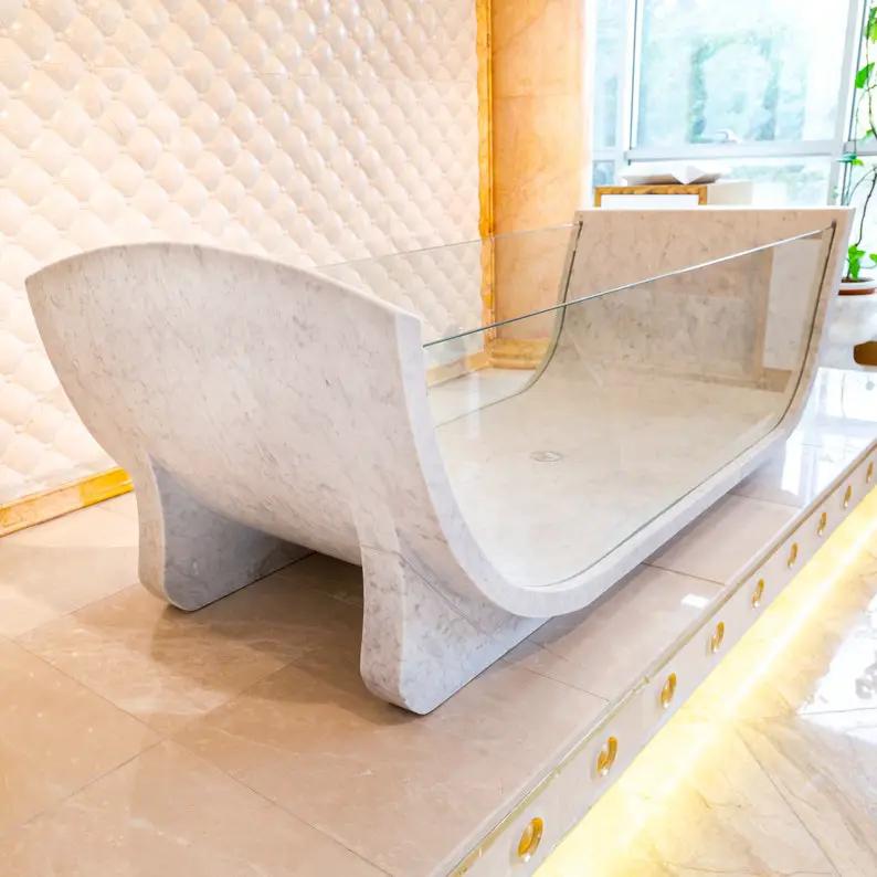 Villohome Carrara White Marble Bathtub with tempered glass side walls