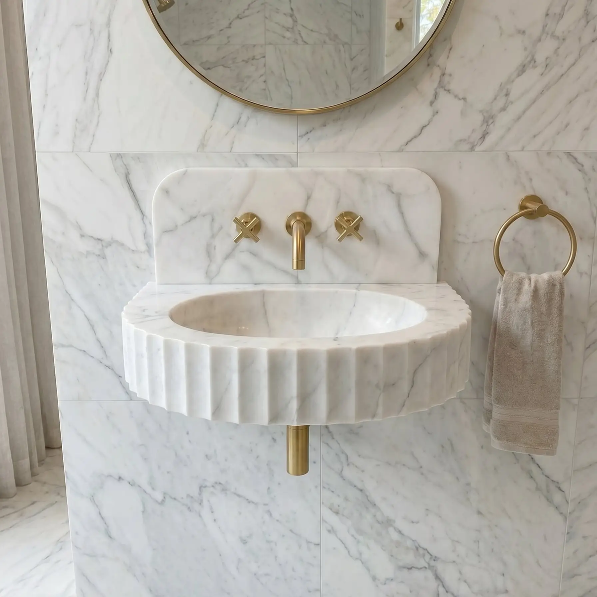 Custom Carrara White Marble Wall Mount Bathroom Sink With Fluted Front Design