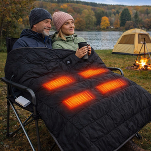 LITEGUEST heated camping blanket, USB powered, black with orange heat panels, covering two people at lakeside campsite