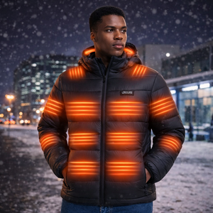 LITEGUEST 27-Zone Smart Heated Down Jacket, black puffer with orange heat zones by SmartTherm OutdoorLiteGear Inc.