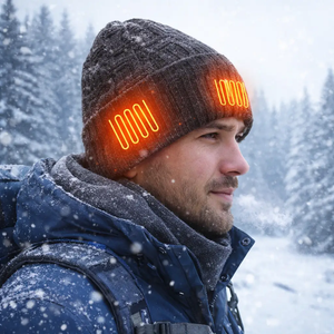 LITEGUEST Heated Thermal Hat USB-powered, dark beanie with orange LED readouts on the sides.