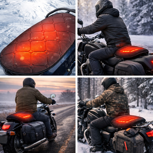 LITEGUEST heated motorcycle seat cover; quilted red heat pad glows for cold-weather riding on motorcycles.