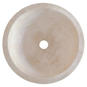 Round travertine bathroom sink, natural light beige stone, 12.5 in diameter, 6 in high.