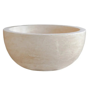 Troia Light Travertine round above-counter bathroom sink by Villohome, natural stone, 12.5 inch diameter, 6 inch high