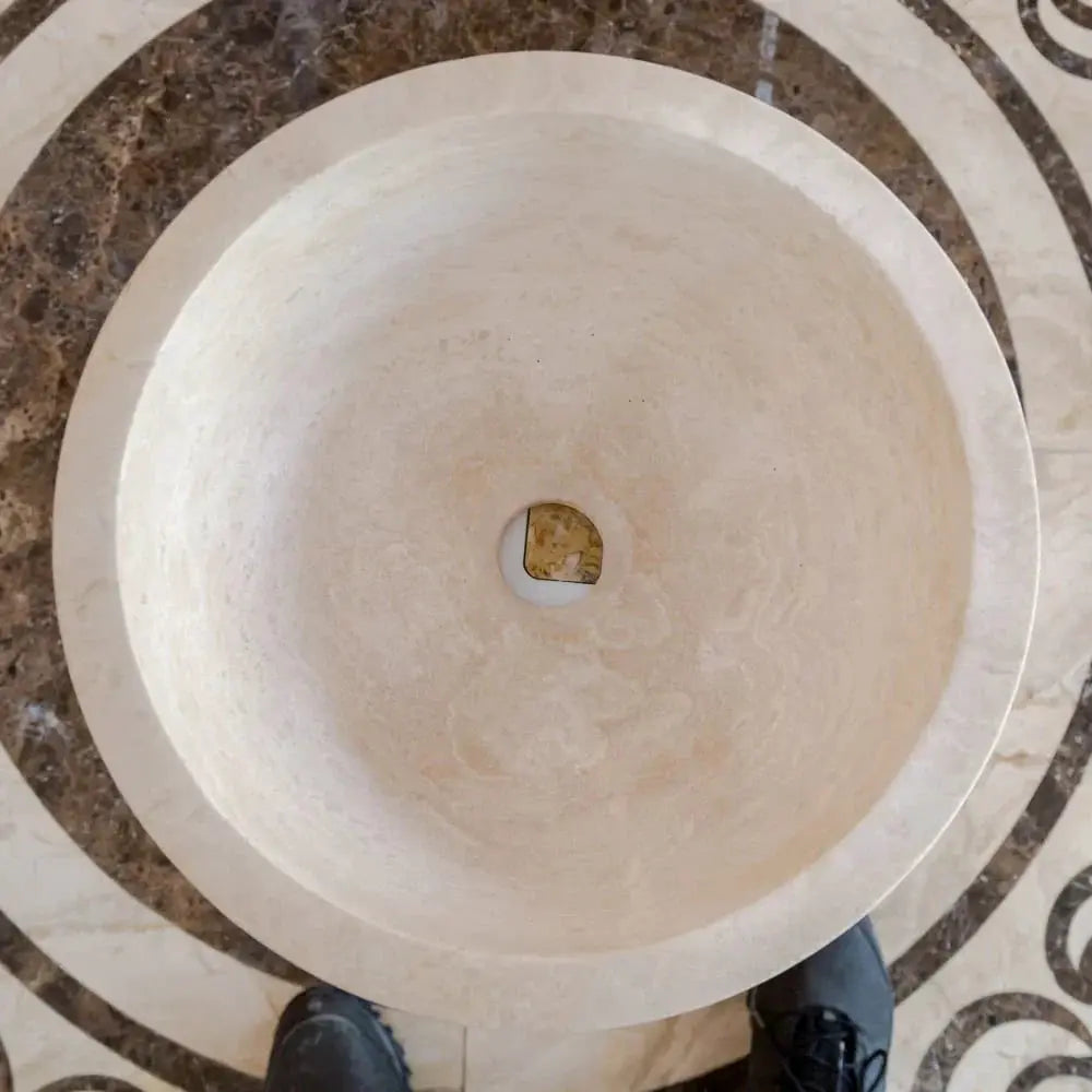 Troia Light Travertine round bathroom sink, beige natural stone, 12.5 inch diameter, vanity above-mount