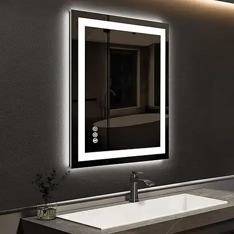 Compact Edge Glow LED bathroom mirror with a double illuminated frame, wall-mounted above a white sink.