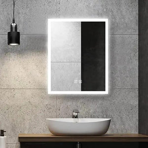HAUSVITA Compact Edge Glow LED bathroom mirror with white frame and edge lighting above a vessel sink.