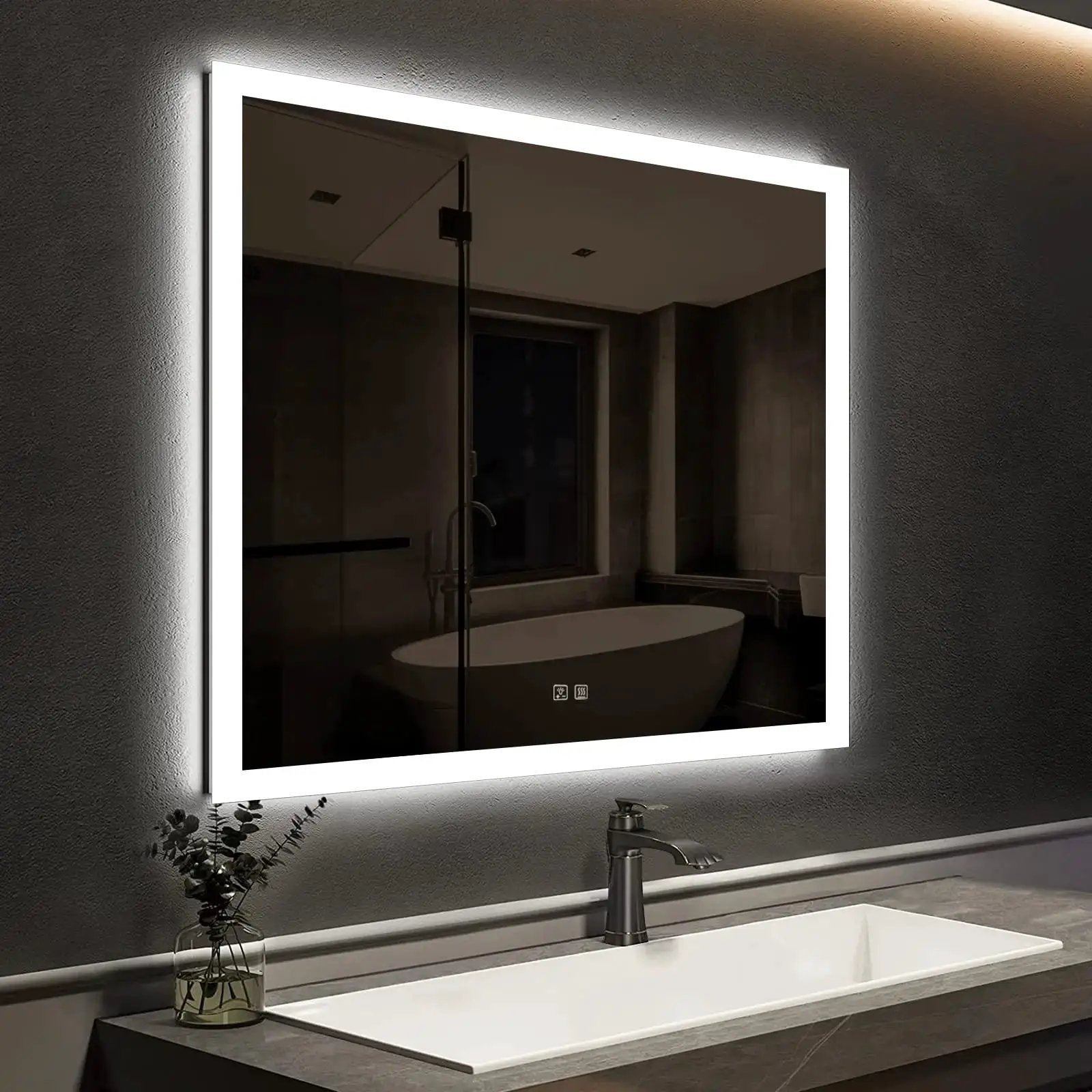 Compact Edge Glow LED Bathroom Mirror with white frame and ambient backlit edge in a modern bathroom.