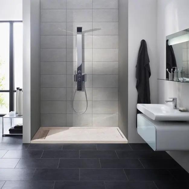Cream Royal Marble rectangular shower base by Villohome; solid marble, 16x48 in, modern bathroom.