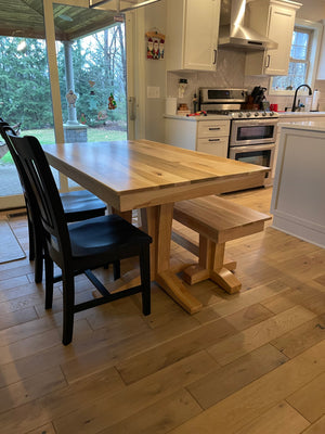 Terresa Style Leg Bench by Wooden Whale Workshop; natural wood with chunky legs, paired with a large kitchen table.