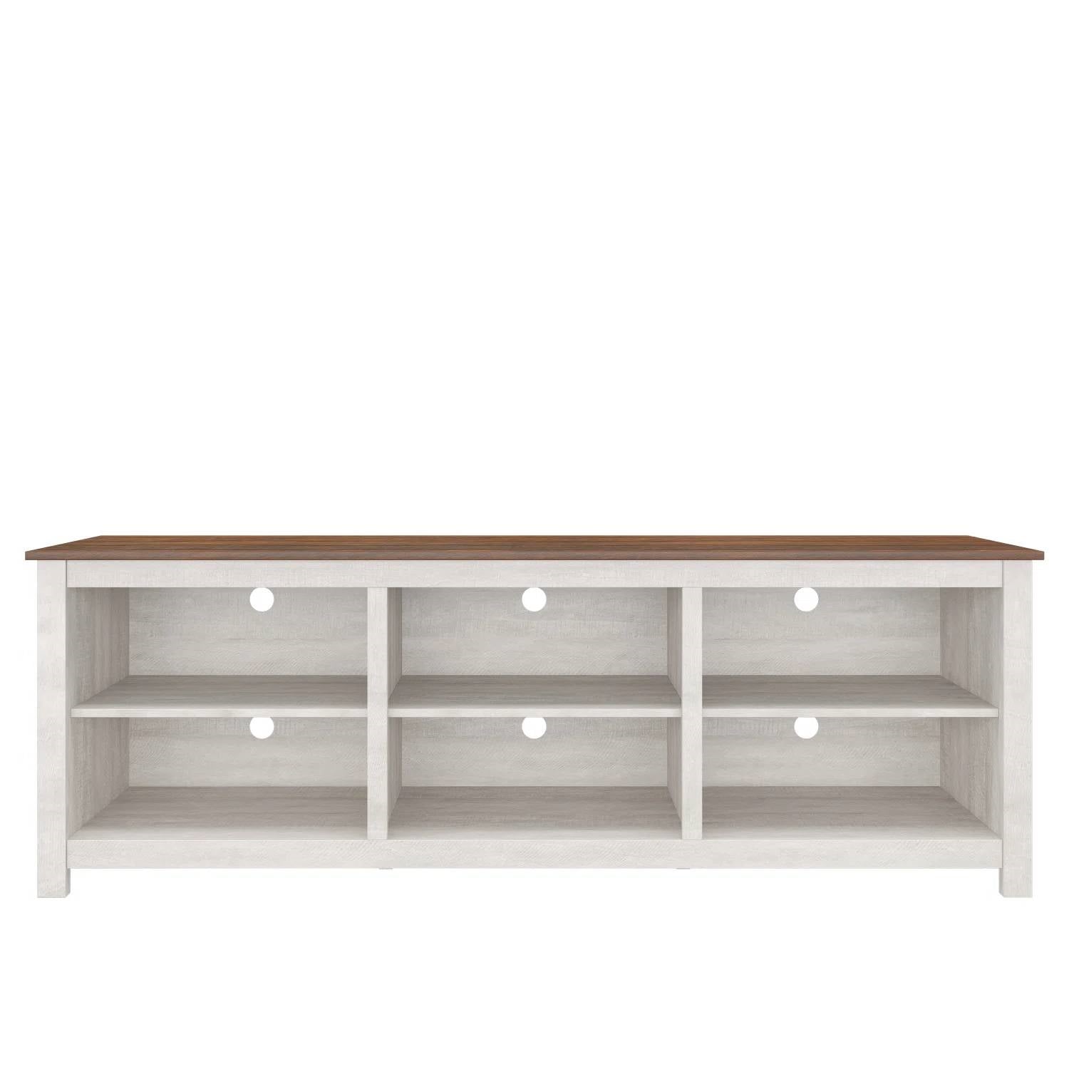 Farmhouse TV Stand in Grey Oak with Brown Wood Finish Top for TVs up to 70-inch