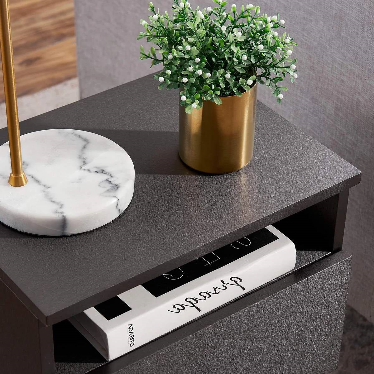 Mid Century Modern End Table Nightstand in Grey Black Wood Finish