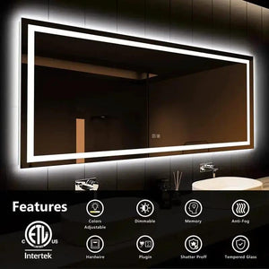 Deluxe Center Glow LED bathroom mirror by HAUSVITA with backlit white frame, color-adjustable and dimmable lighting.