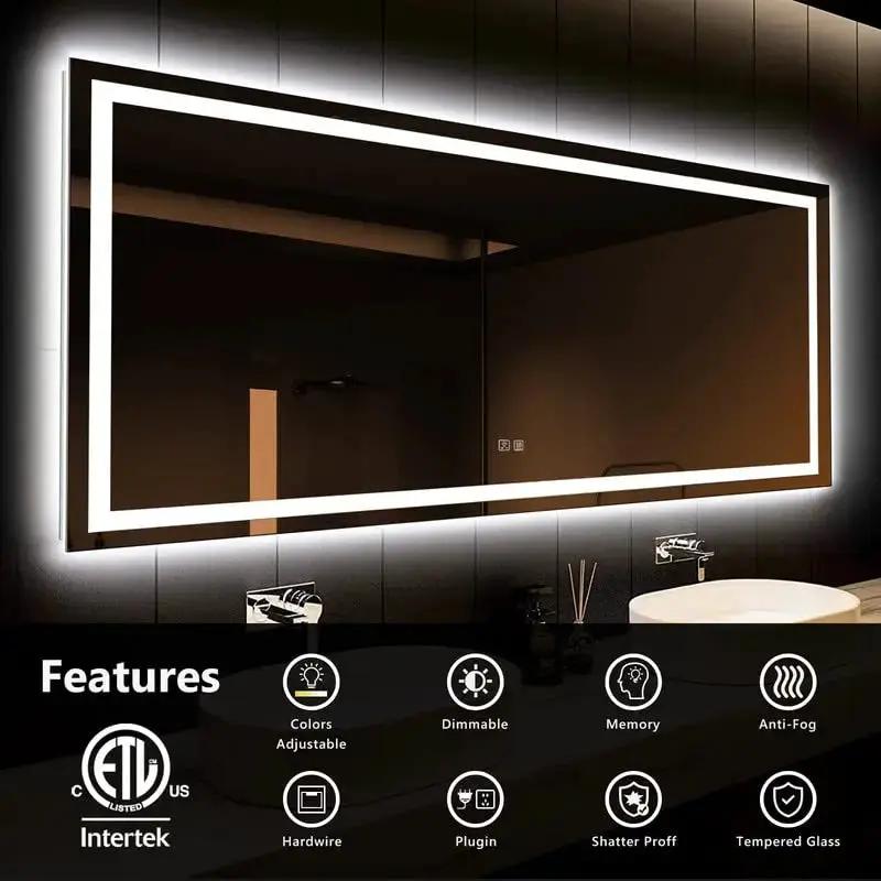 Deluxe Center Glow LED bathroom mirror by HAUSVITA with backlit white frame, color-adjustable and dimmable lighting.