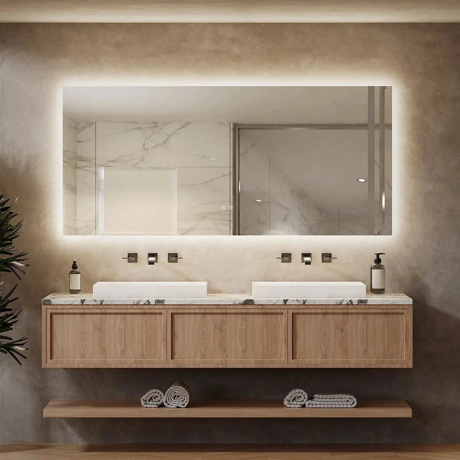 HAUSVITA Deluxe Sleek Backlit LED bathroom mirror with edge glow above a marble double vanity