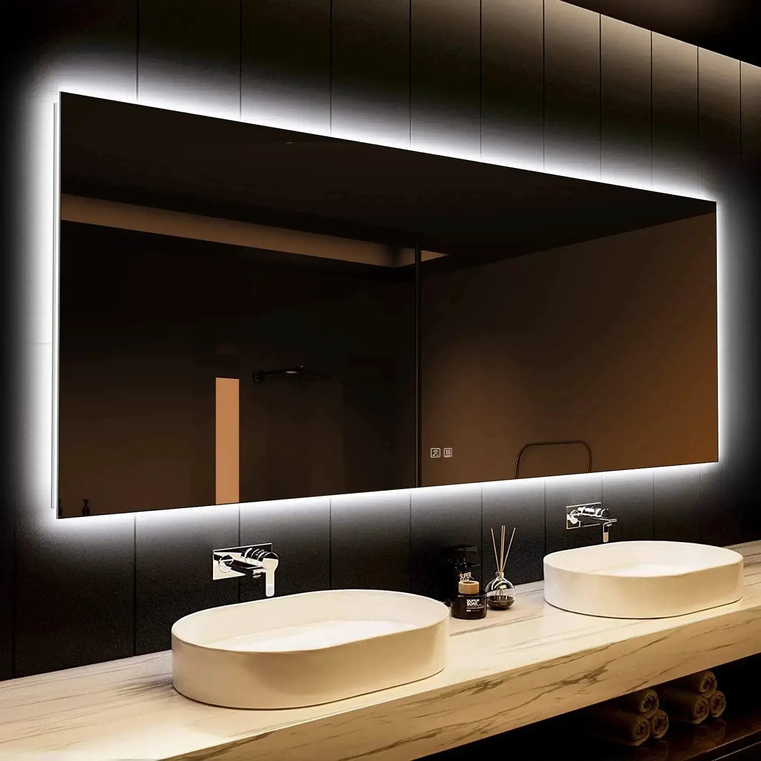 Deluxe Sleek Backlit LED Bathroom Mirror over a two-sink vanity with white vessel sinks.