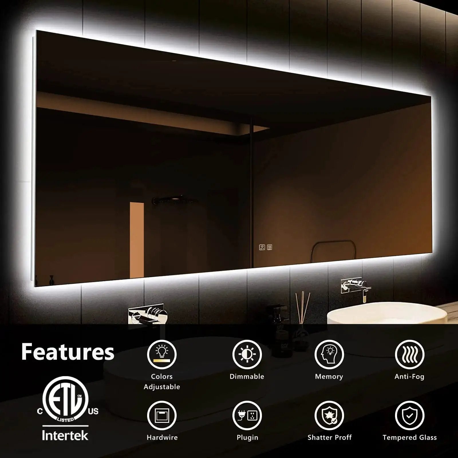 Deluxe Sleek Backlit LED Bathroom Mirror by HAUSVITA, edge-lit wall-mount mirror