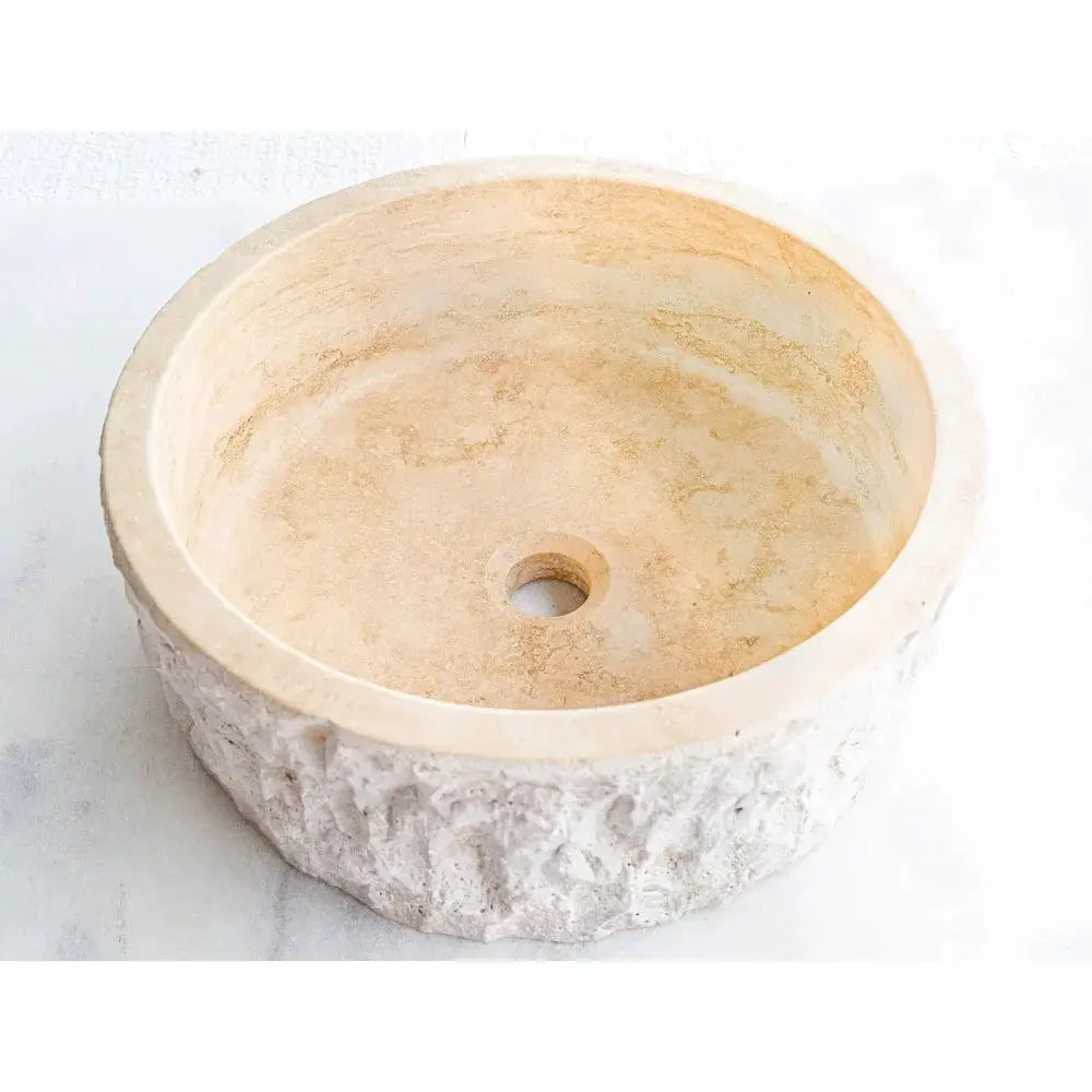 Stone sink Denizli beige travertine, round vanity basin by Villohome, 16-inch diameter, 6-inch height