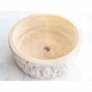 Stone sink Denizli beige travertine, round vanity basin by Villohome, 16-inch diameter, 6-inch height