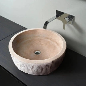 Denizli Beige Travertine round vanity sink, 16-inch diameter, 6-inch height, above-counter design