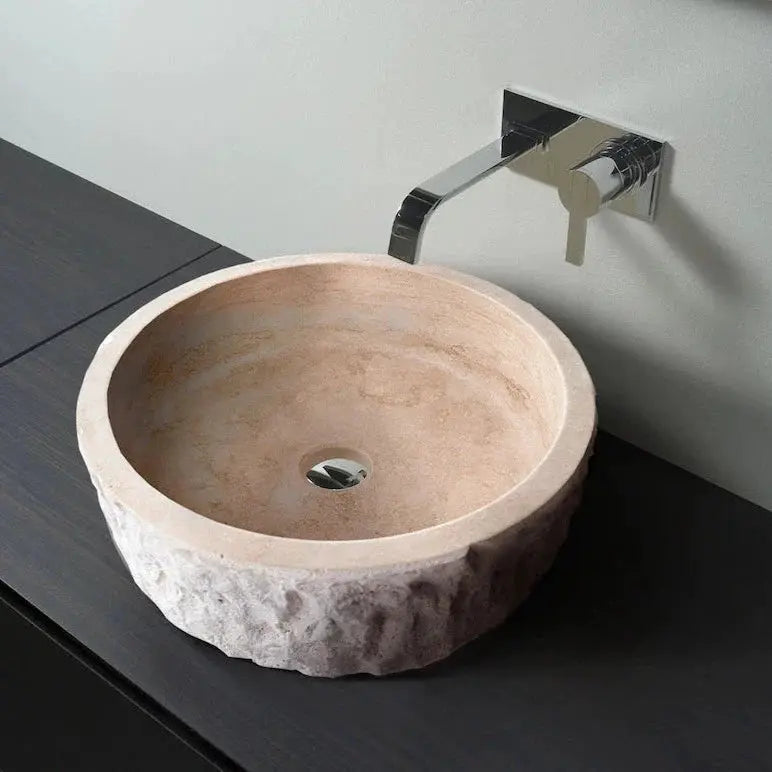 Denizli Beige Travertine round vanity sink, 16-inch diameter, 6-inch height, above-counter design