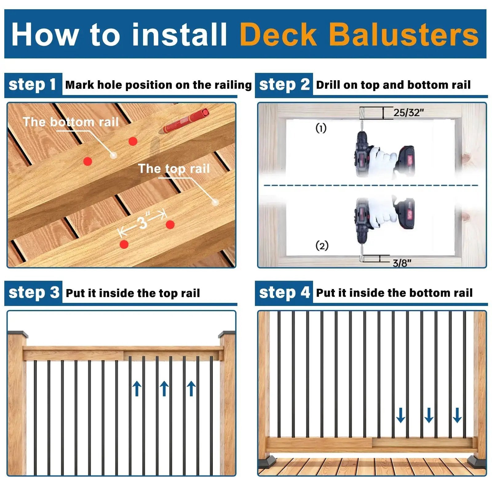 Durable hollow deck balusters with screws by HAUSVITA in black finish for railing construction, building materials