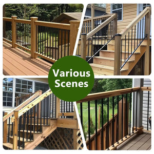 Durable Hollow Deck Balusters with Screws; multiple deck railing setups with wood posts and black balusters