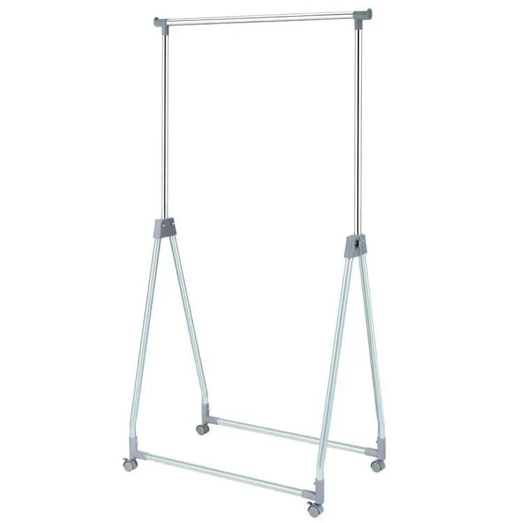 Folding extendable metal garment rack with lockable wheels, silver frame for the bedroom wardrobe.