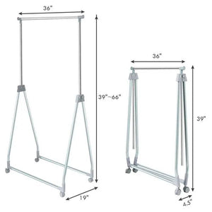 Folding extendable metal garment rack with lockable wheels in silver finish