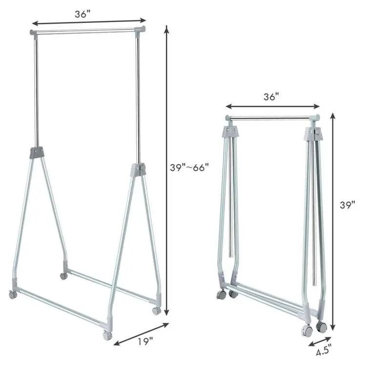 Folding extendable metal garment rack with lockable wheels in silver finish