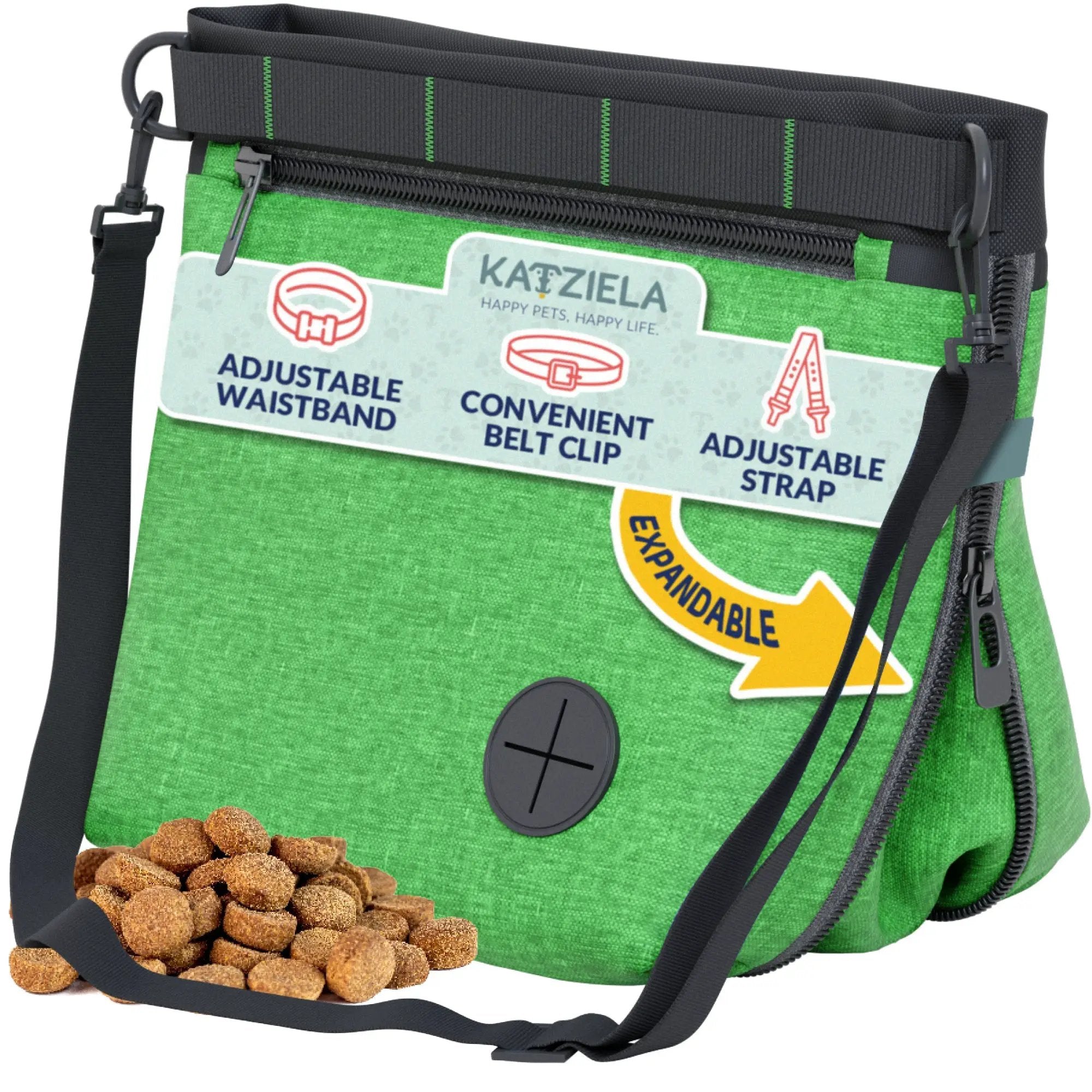 Katziela Expandable Pet Treat Pouch - Hands Free Dog Treat Pouch, Quick Access Magnet Closure - Anti Spill Dog Treat Bag - Treat Pouches for Pet Training, Adjustable Shoulder Strap & Belt Clip