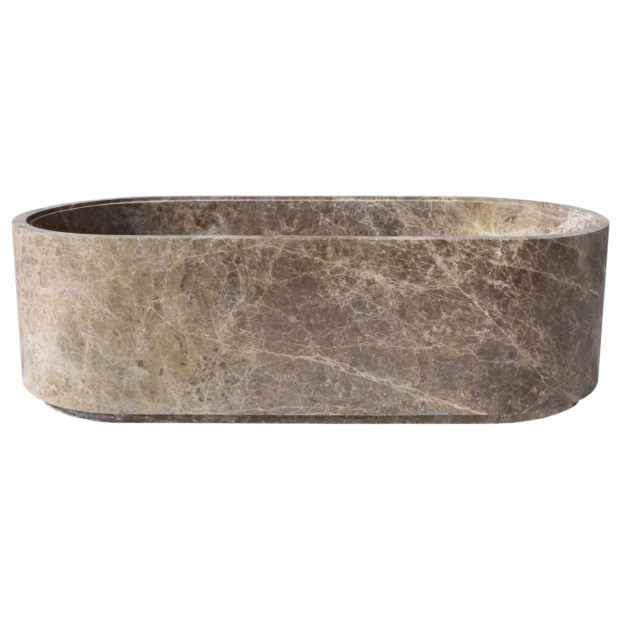 Emperador Light Marble bathtub by Villohome, oval freestanding tub carved from solid marble.