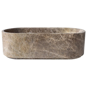 Emperador Light Marble bathtub by Villohome, oval freestanding tub carved from solid marble.