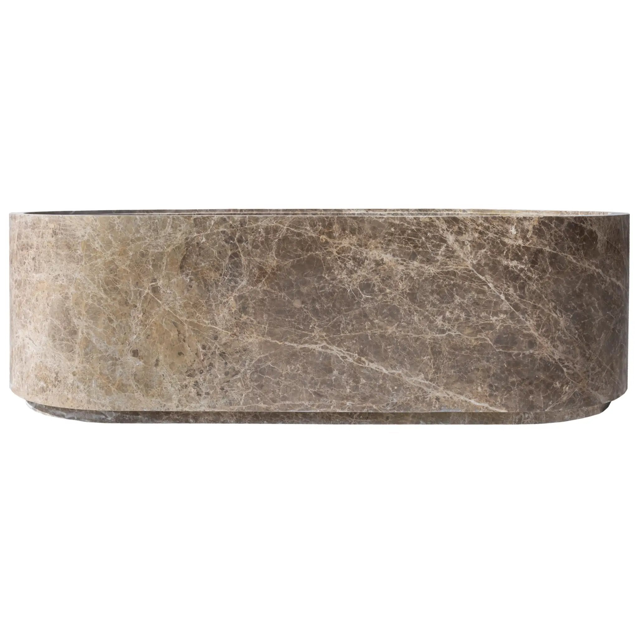 Emperador Light Marble Bathtub by Villohome, hand-carved solid brown marble with veining, curved edge