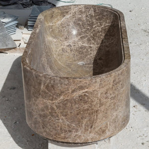 Villohome Emperador Light Marble bathtub, hand-carved solid brown marble with white veining, 67x29.5x19.5 inches