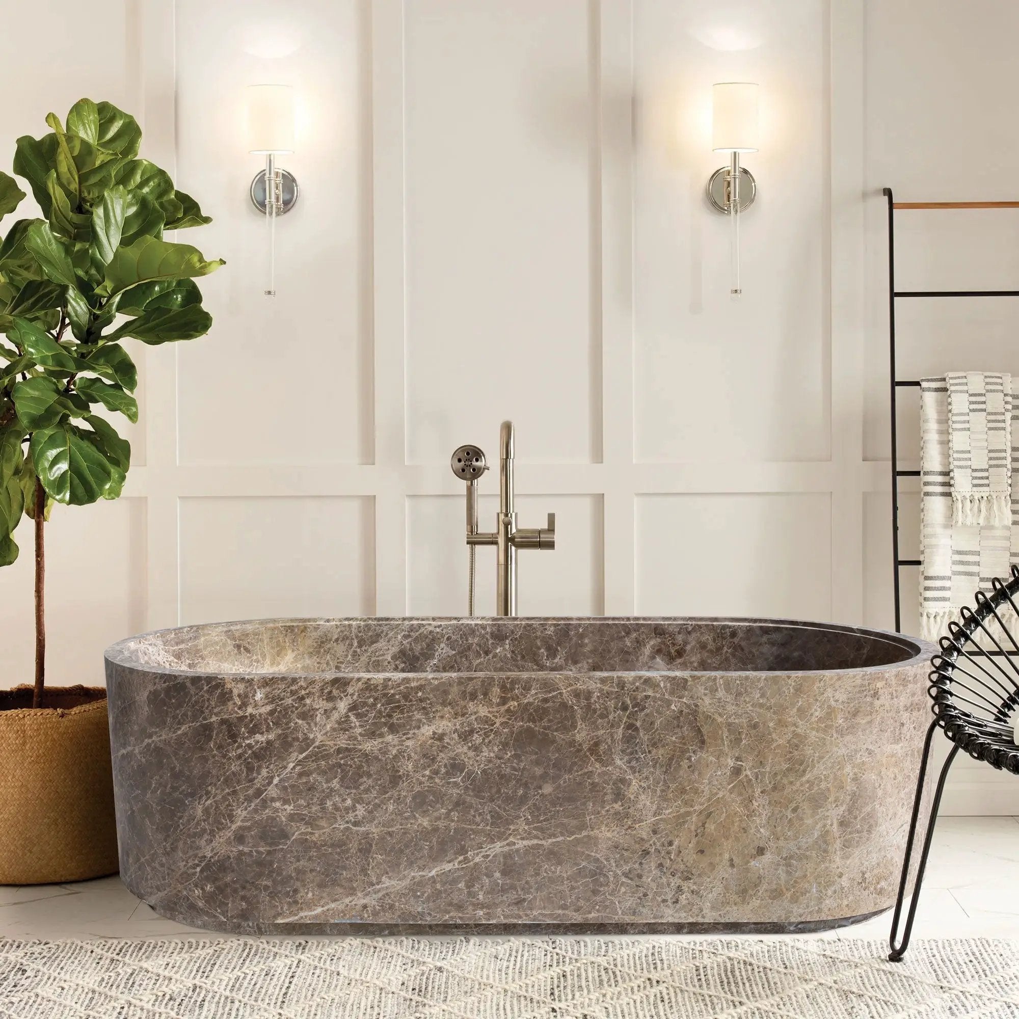 Emperador Light Marble Bathtub by Villohome, hand-carved solid marble with brown veining, large oval tub