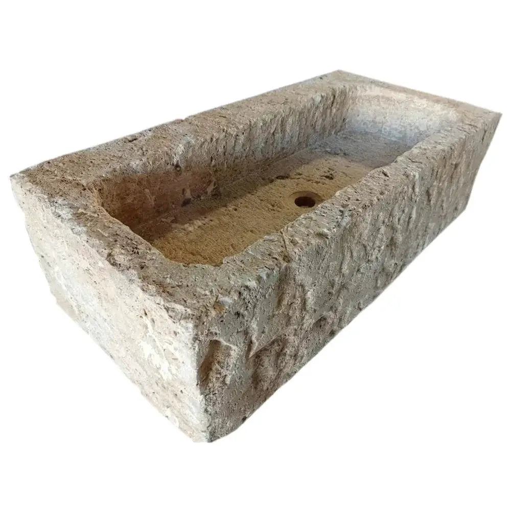 Ephesus Light Travertine wall-mount outdoor vessel sink, rectangular rustic stone trough, 18x28x8 in, Villohome