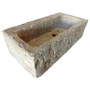 Ephesus Light Travertine wall-mount outdoor vessel sink, rectangular rustic stone trough, 18x28x8 in, Villohome