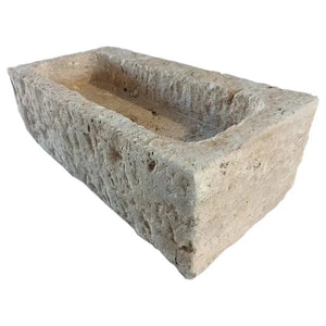 Ephesus Light Travertine outdoor wall-mount vessel sink by Villohome; rustic stone trough, 28x18x8 in