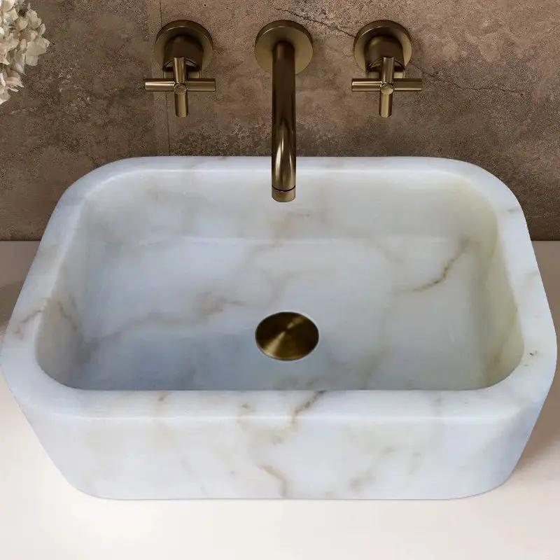 Villohome European Sugar White Marble bathroom sink, rectangular vanity basin with brass faucet