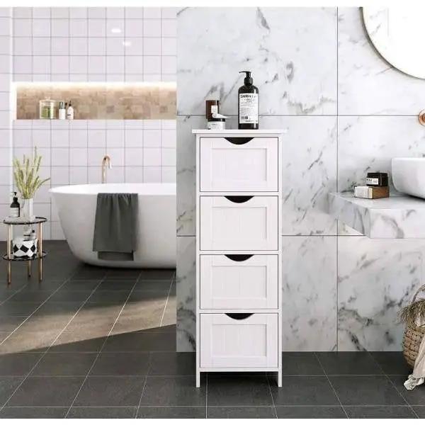 Modern Farmhouse 4-Drawer Bathroom Linen Floor Cabinet in White Wood Finish