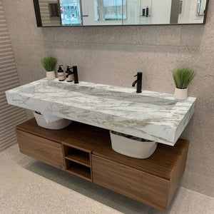 Fantasy White Marble Modern Rectangular Wall-mount Bathroom Sink by Villohome with two black faucets.