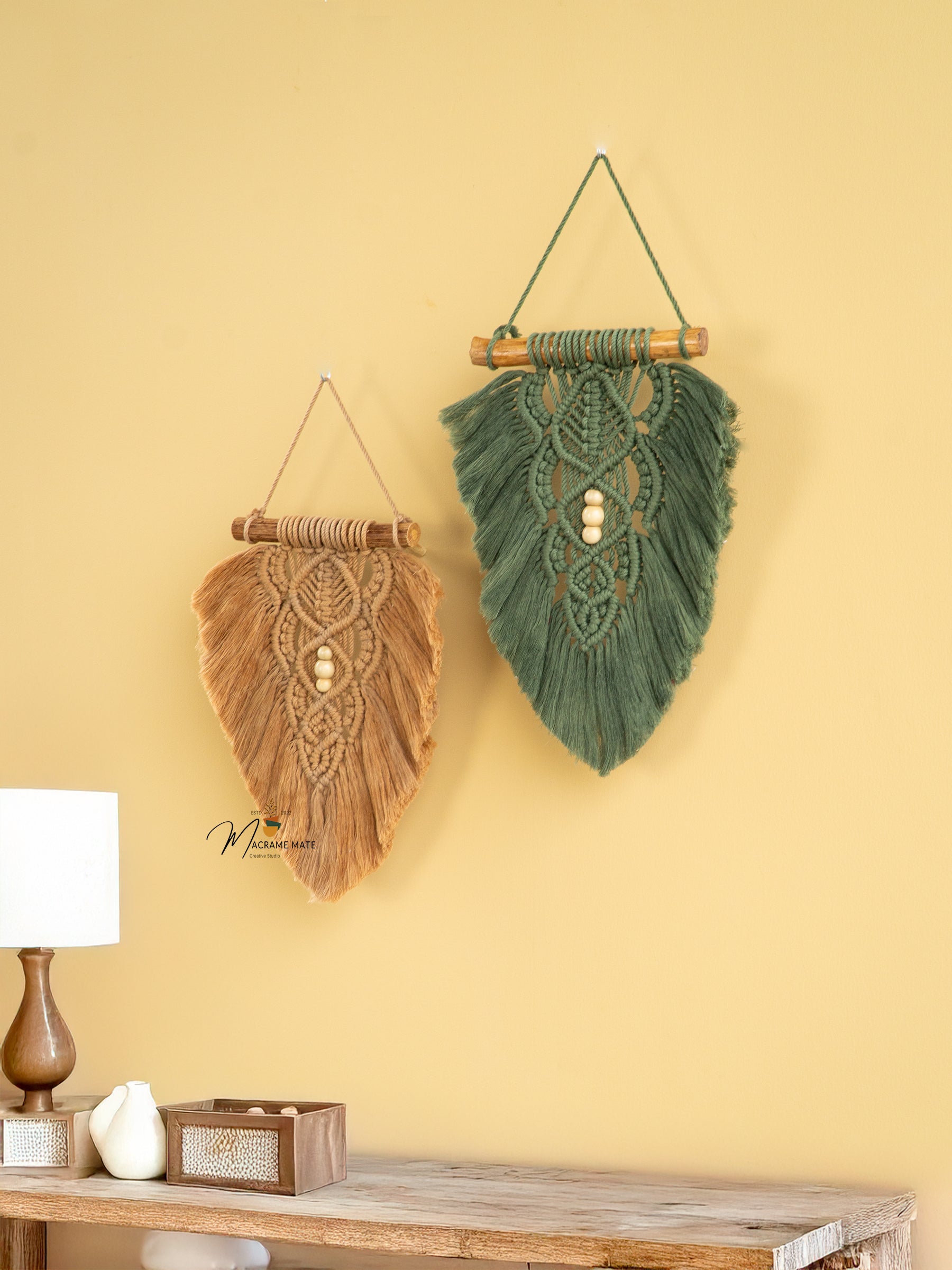 Rustic Latte Olive Macrame Leaves