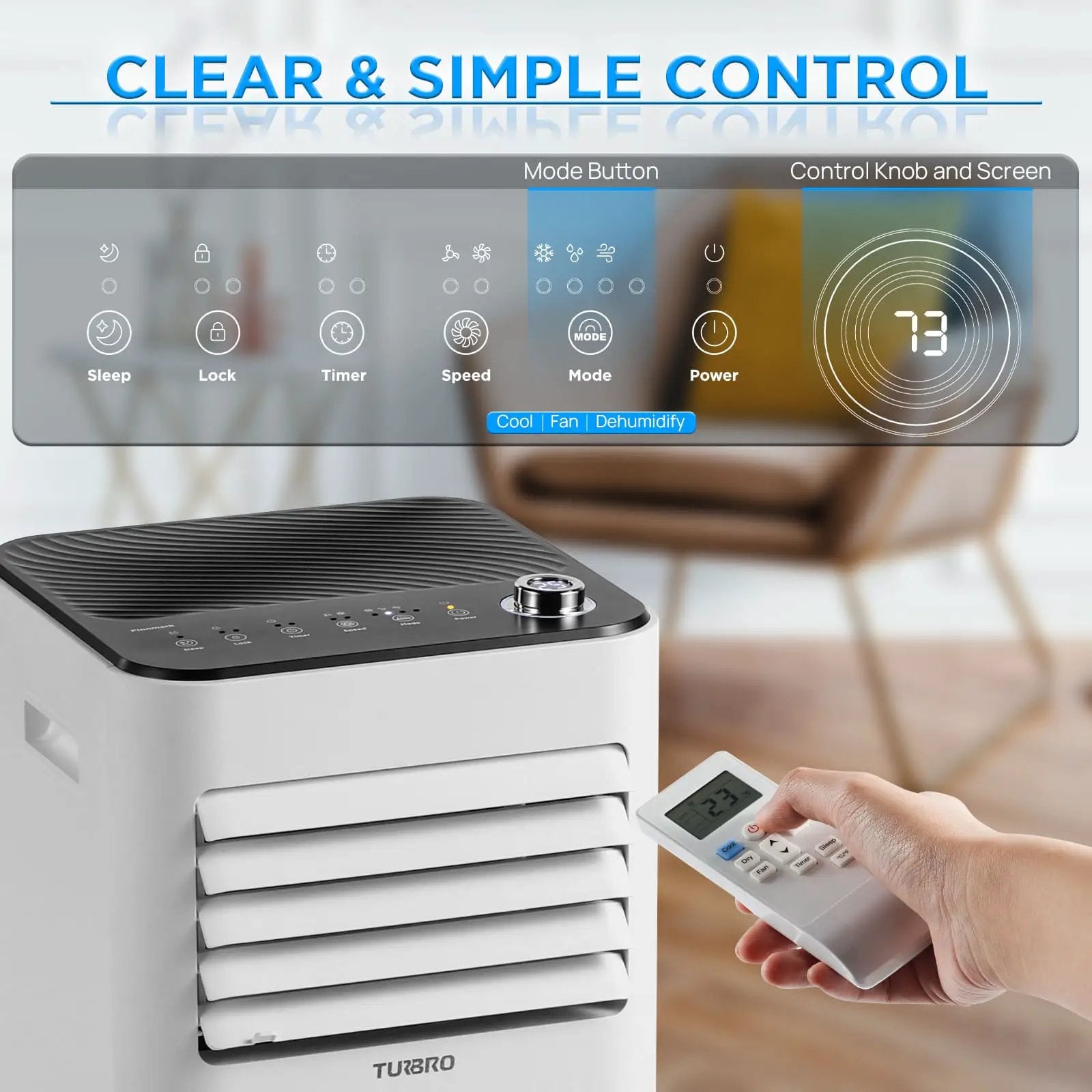 TURBRO Finnmark 10,000 BTU portable air conditioner in white with control panel and handheld remote
