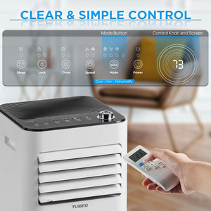 TURBRO Finnmark 10,000 BTU portable air conditioner in white with control panel and handheld remote