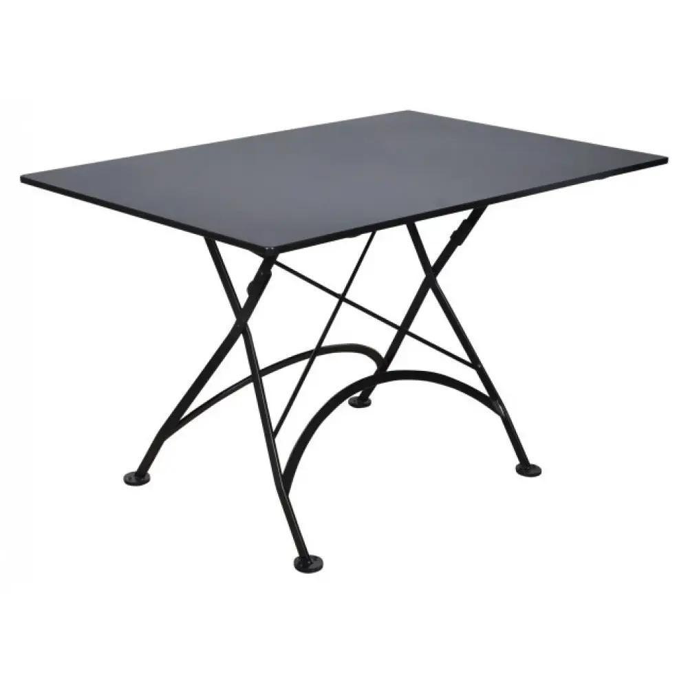 Five-piece outdoor dining set table with a 32x48 inch steel-top surface and black metal frame.