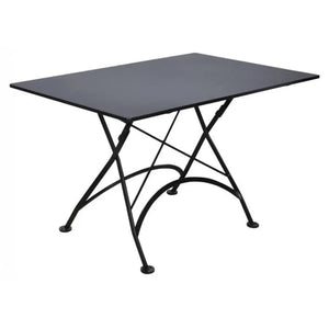 Five-piece outdoor dining set table with a 32x48 inch steel-top surface and black metal frame.
