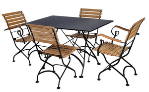 Five-piece outdoor dining set with a 32x48in steel-top table and four natural African teak slat chairs